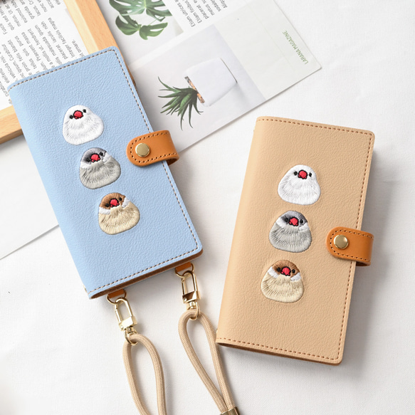 全機種対応 スマホケース 手帳型 【 刺繍 文鳥 】 ゴールドパーツ スマホショルダー 落下防止 A295I 1枚目の画像