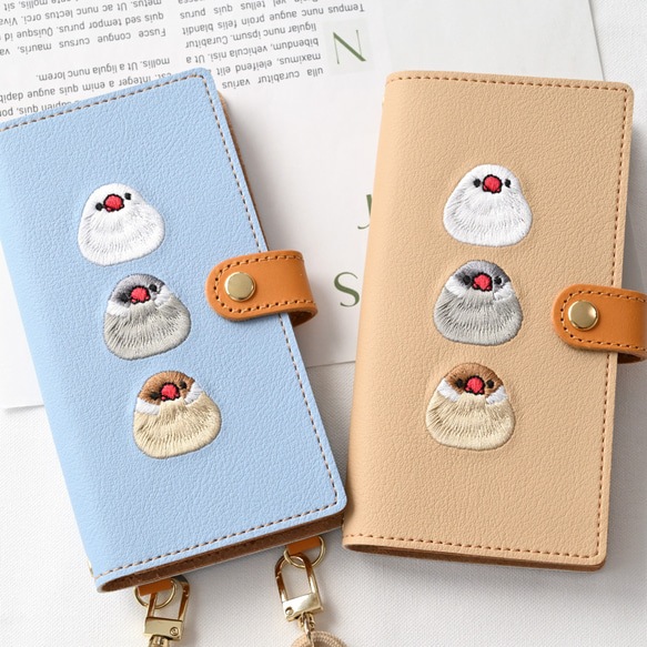 全機種対応 スマホケース 手帳型 【 刺繍 文鳥 】 ゴールドパーツ スマホショルダー 落下防止 A295I 16枚目の画像
