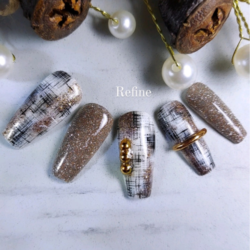 リングネイル チェック ネイルチップ お名前ネイル キルティング