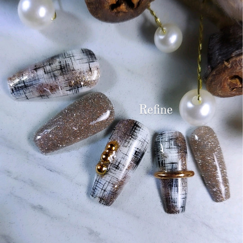 No.7【サイズオーダー】秋ネイル、チェックネイル、フラッシュネイル