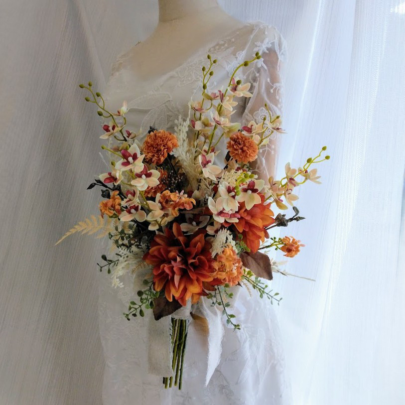 和のウェディングブーケ オーキッド(ラン) とダリア ns905 アーティフィシャルフラワー