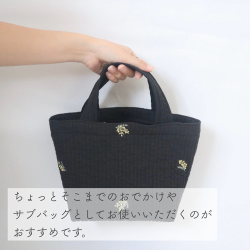 ほっこりミモザ刺繍のナチュラル風ミニヌビトートバッグ 軽量 洗濯可