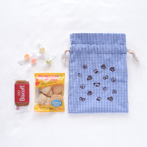 刺繍入りギンガムチェックの巾着ポーチ 巾着袋 mopoちゃん（ブルー