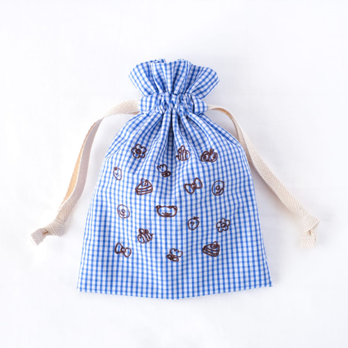 刺繍入りギンガムチェックの巾着ポーチ 巾着袋 mopoちゃん（ブルー