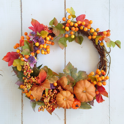 再販 大人のハロウィンリース パンプキンとカラーリーフ ベリー アート