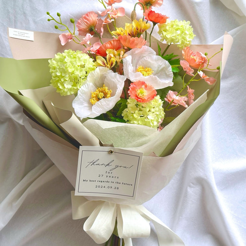 ✴︎✴︎アーティフィシャルフラワーブーケ✴︎✴︎ ポピーのブーケ Spring white & green 両親贈呈花束 アーティ
