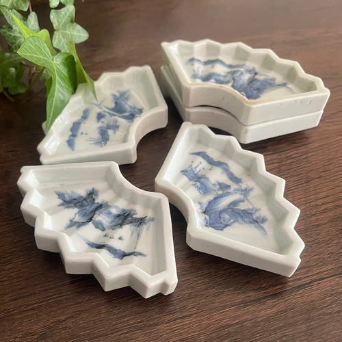 お得＞伊万里染付扇型豆皿5枚 江戸幕末期 薬味皿・豆皿 antique