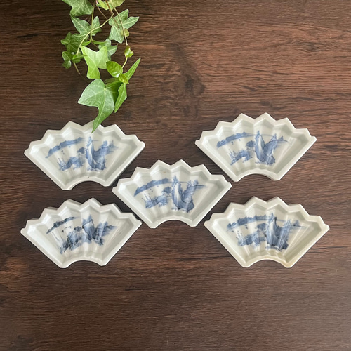 お得＞伊万里染付扇型豆皿5枚 江戸幕末期 薬味皿・豆皿 antique