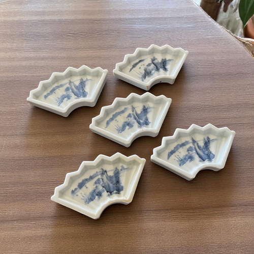 お得＞伊万里染付扇型豆皿5枚 江戸幕末期 薬味皿・豆皿 antique