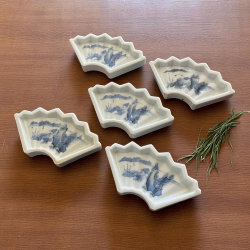 お得＞伊万里染付扇型豆皿5枚 江戸幕末期 薬味皿・豆皿 antique