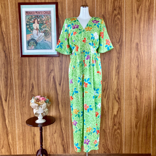 ロングシルクワンピース 半袖 正絹着物リメイク 黄緑 Robe