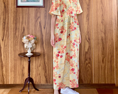 ロングシルクワンピース 半袖 正絹着物リメイク イエロー