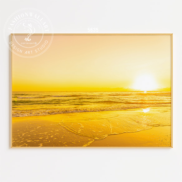 アートポスター サンセットビーチ 黄金色の海 穏やかな夕日 光と波
