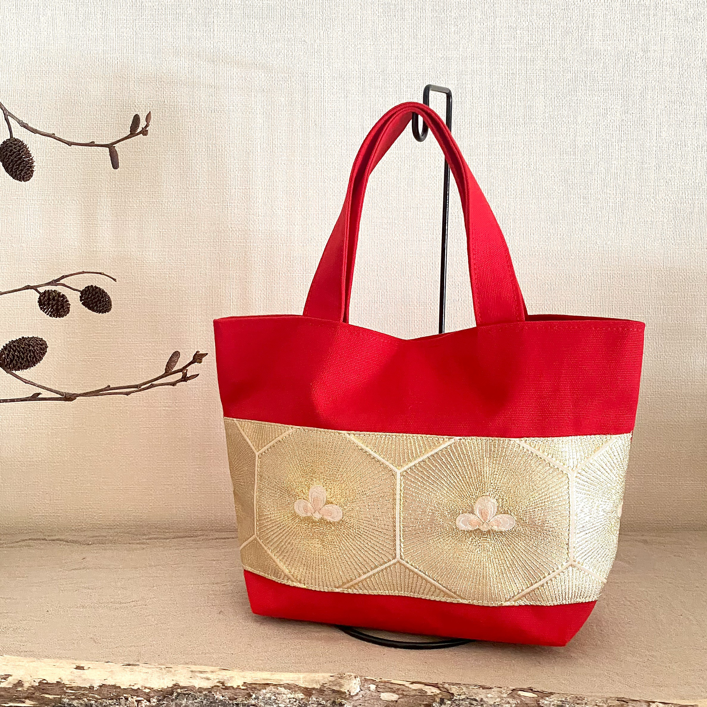 obiトートバッグ 『ゴールド×若松』 帯/銘仙/シルク/帆布