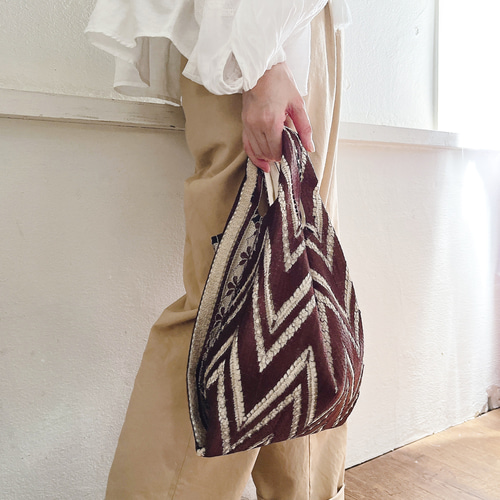 フランス製ヴィンテージレース編み生地のバッグ（BROWN * CREAM Stripe 