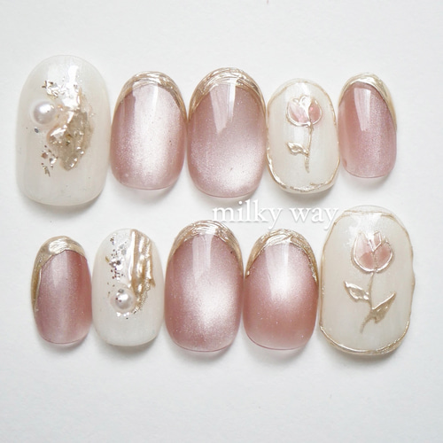 No.55 ピンクマグネット×チューリップネイル オーダーネイルチップ