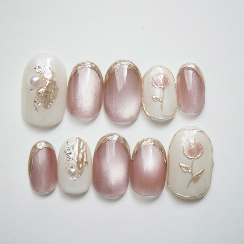 No.55 ピンクマグネット×チューリップネイル オーダーネイルチップ