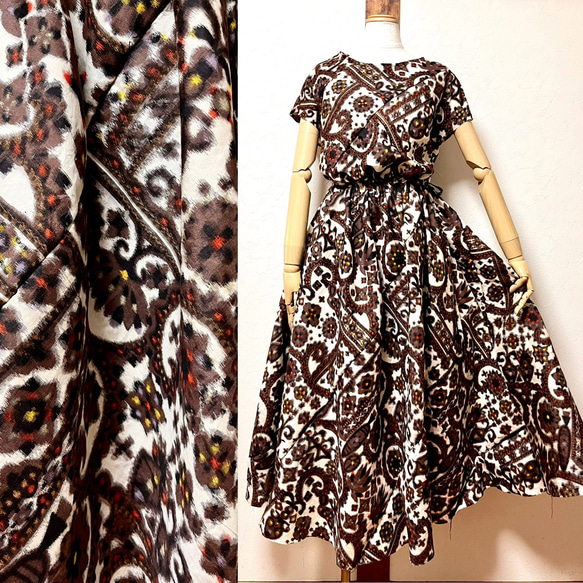 銘仙 フレンチスリーブギャザーワンピース 着物リメイク ワンピース  