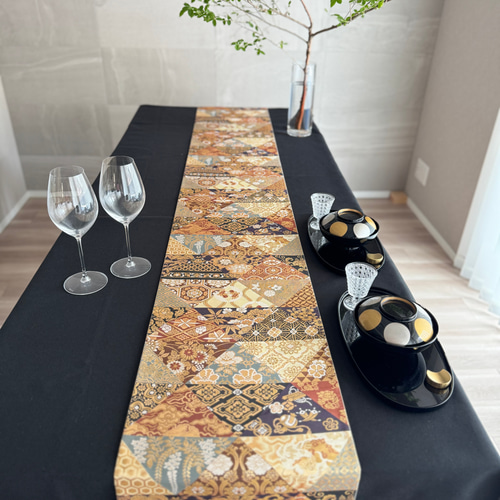 ◼︎C1014◼︎袋帯 正絹 秀品 草花 鳥 箔 テーブルランナー(〜260cm