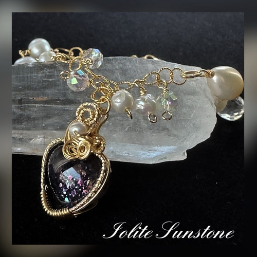 一点物】アイオライトサンストーンのワイヤーラッピングブレスレット⑦