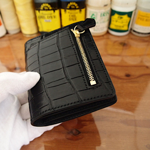 黒 レザー 二つ折り財布 クロコダイル イタリアンレザー 皮