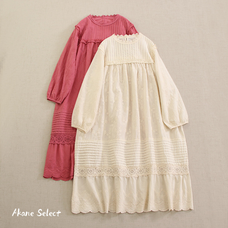 【コットン100%★刺繍ワンピース★ダーツ】フリル│重ね着│ナイトドレス│森ガール│柔らかい肌触り│O-48LB