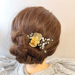 ゴールド　かんざし　ユーピン　メタルフラワー　お花　髪飾り　お呼ばれ　シンプル　パール　髪飾り　ヘアアクセサリー　卒業式 5枚目の画像