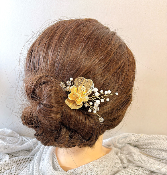 ゴールド　かんざし　ユーピン　メタルフラワー　お花　髪飾り　お呼ばれ　シンプル　パール　髪飾り　ヘアアクセサリー　卒業式 5枚目の画像