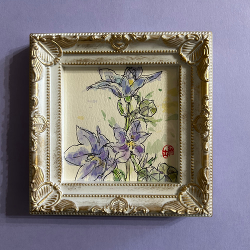 桔梗（ミニ)(原画、桔梗の花、透明水彩、写真立て入り） 絵画