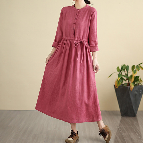レディース 大きいサイズ カジュアル 綿麻ワンピース 長袖ワンピース  