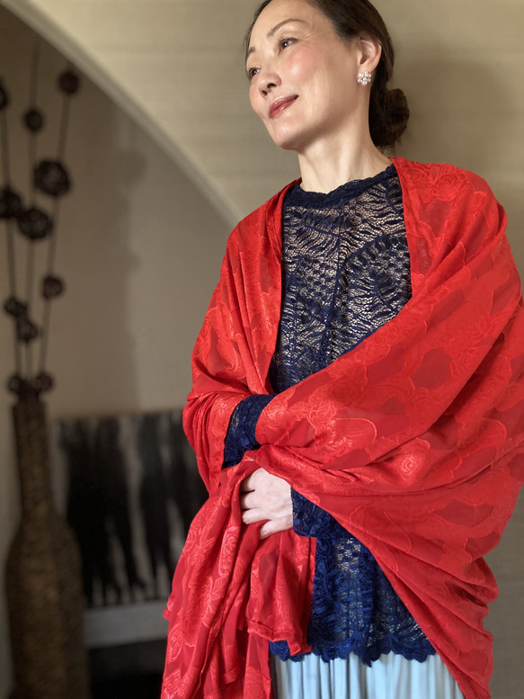 大判ストール 上品 エレガント シフォン 花柄ストール 赤 結婚式