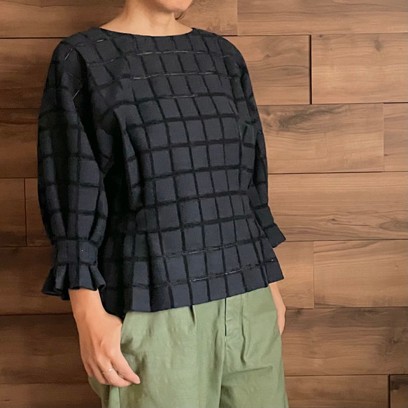 【前後で着れる2wayブラウス】ブロックチェックの起毛レース/コードラッセルレース 9枚目の画像