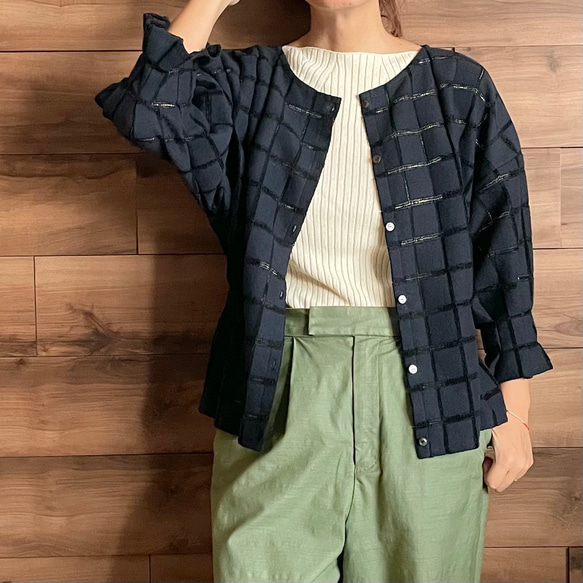 【前後で着れる2wayブラウス】ブロックチェックの起毛レース/コードラッセルレース 6枚目の画像