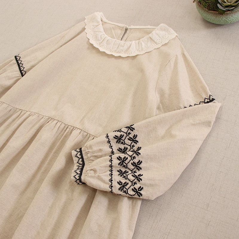 【コットン100%★刺繍ワンピース★レース】バルーンスリーブ│フリル襟│森ガール│柔らかい│ジャカード織り│O-50LB