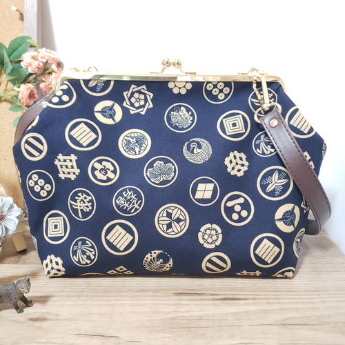 家紋柄 武将 歴史 ネイビー 紺 がま口バッグ ショルダーバッグ