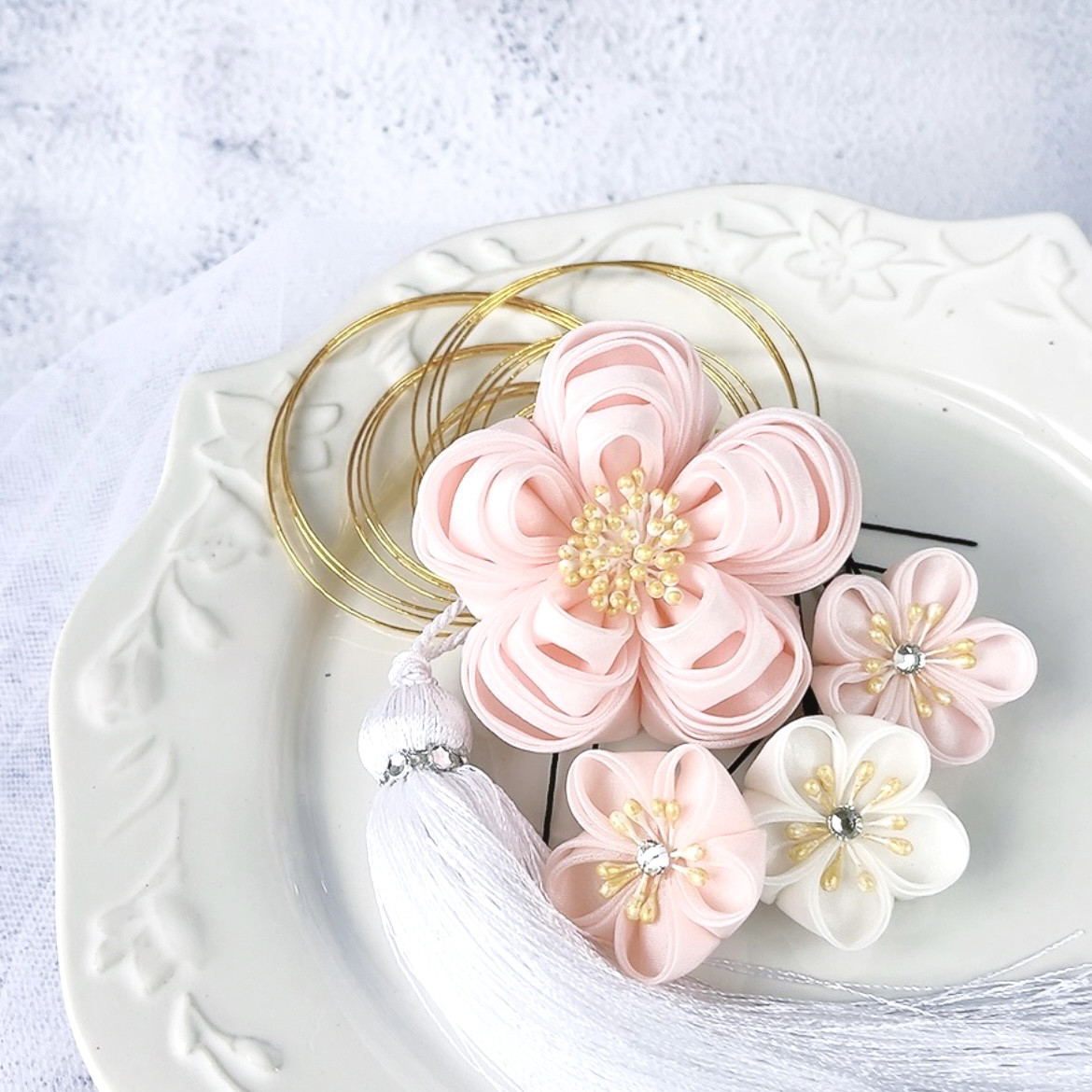 【つまみ細工髪飾り】7点セット  ピンク　水引アレンジ　タッセル　絹　シルク　成人式　卒業式　結婚式