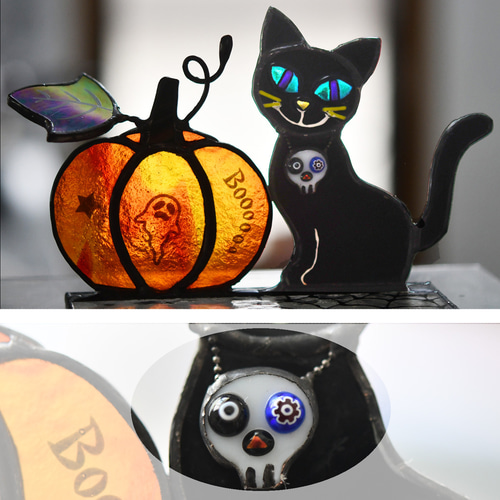 ステンドグラス ハロウィン カボチャと黒猫 その他インテリア雑貨 もえ