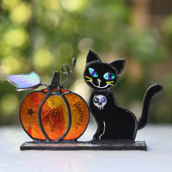 ステンドグラス ハロウィン カボチャと黒猫 その他インテリア