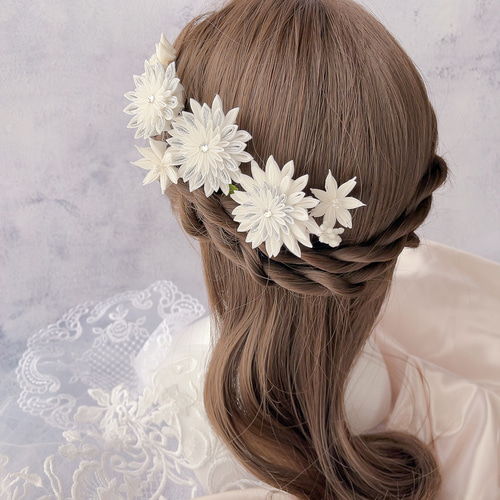 つまみ細工髪飾り】5点セット 白 水引アレンジ 絹 シルク タッセル