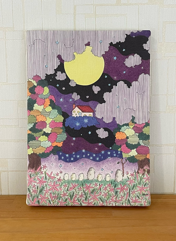 行進」キャンバスパネル ヤマアラシ ハリネズミ 夜 月 森 絵 イラスト