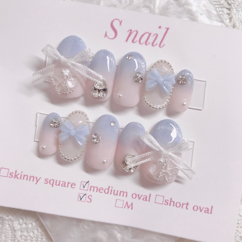 現品 ネイルチップ 水色 グラデーション 蝶々 マグネットネイル 韓国  