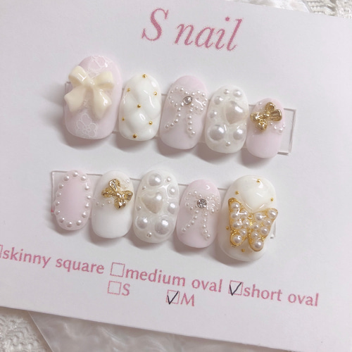 現品 ネイルチップ ピンク フレンチガーリー リボン キルティング  