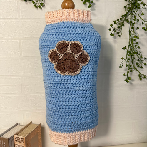 犬服 ハンドメイド 冬服 肉球ニット♡水色×ピンク ダックス ペット服