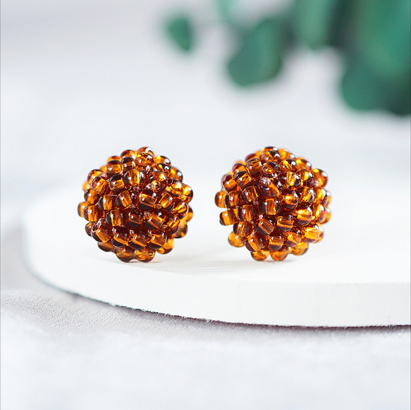 マロン・一粒タイプのビーズ編みピアス/イヤリング ピアス（スタッド