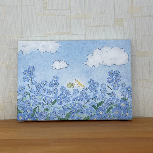 勿忘草」キャンバスパネル 花 勿忘草 キツネ カメ 青 水色 絵 イラスト
