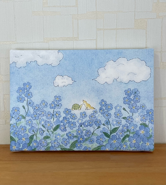 勿忘草」キャンバスパネル 花 勿忘草 キツネ カメ 青 水色 絵 イラスト