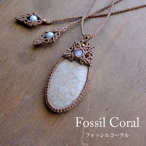 フォッシルコーラルラブラドライトマクラメネックレス