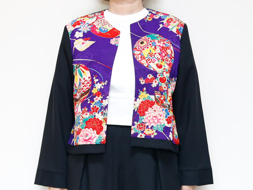 【１点もの】KIMONO CREW NECK JACKET  -ヴィンテージ着物を使ったクルーネックジャケット