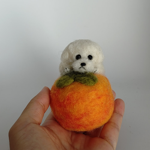 羊毛フェルト マルチーズと柿のピンクッション 羊毛フェルト Rurumaru