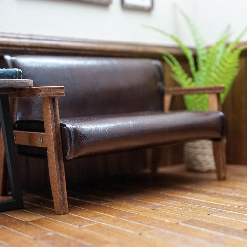 本革　ミニチュアソファセット 1/12 ミニチュアレザーソファ 二人掛け その他置物 kuma's